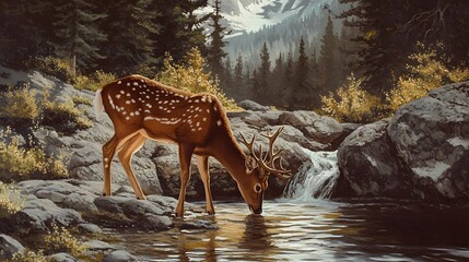 A deer drinking from a mountain stream