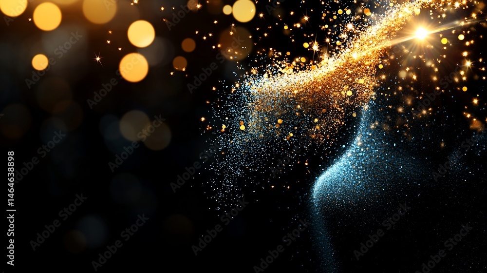 Aufkleber golden and blue particles form an abstract flow on a black background with bokeh