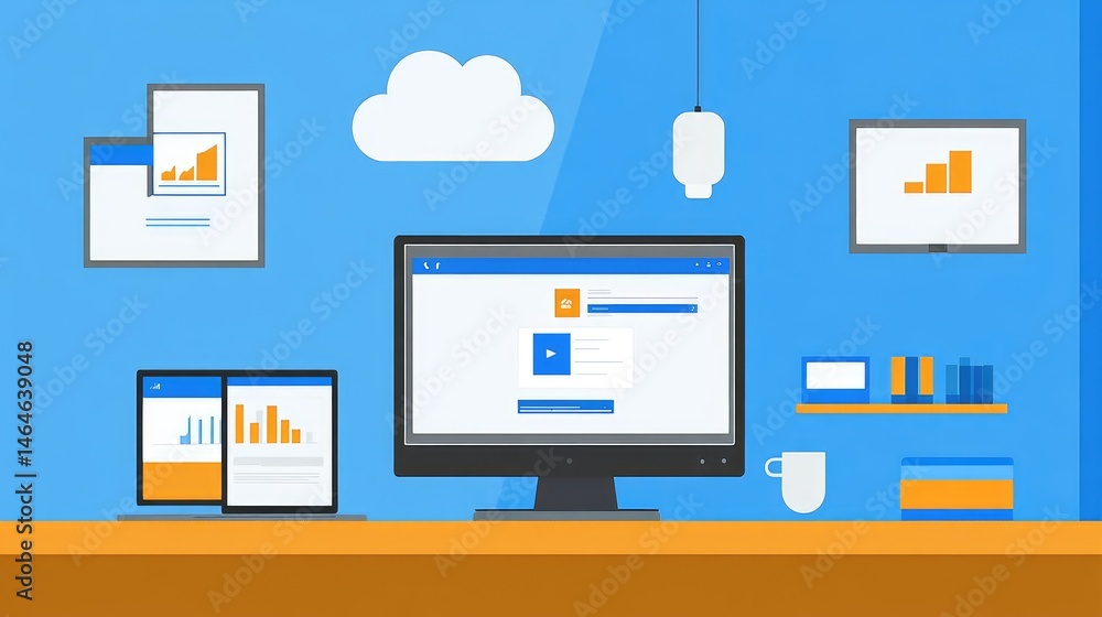 Poster laptop on desk displaying cloud dashboard, surrounded by digital devices showing seamless data sync