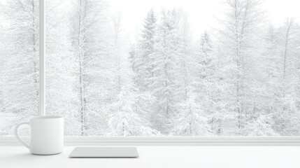 White mug winter forest view minimalist window scene