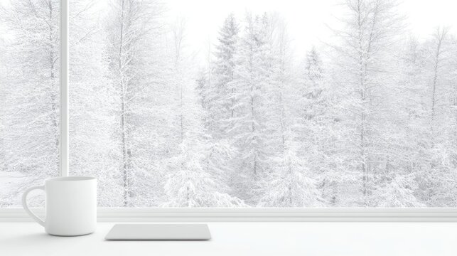 Fototapeta White mug winter forest view minimalist window scene
