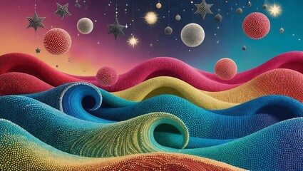 An abstract and surreal landscape with colorful, textured waves, dotted spheres, and star-shaped objects floating against a vibrant sky.