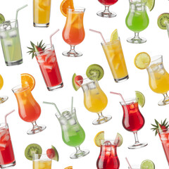 Colorful cocktail drinks pattern with orange kiwi strawberry and lemon for summer