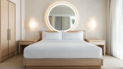 Lavish guest room with coffee station, oversized bed, and large illuminated mirror