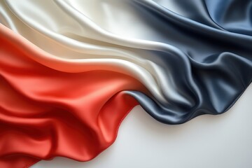  French flag with red, white, blue silk folds, symbolizing national pride, unity, heritage, and European identity through elegant texture.