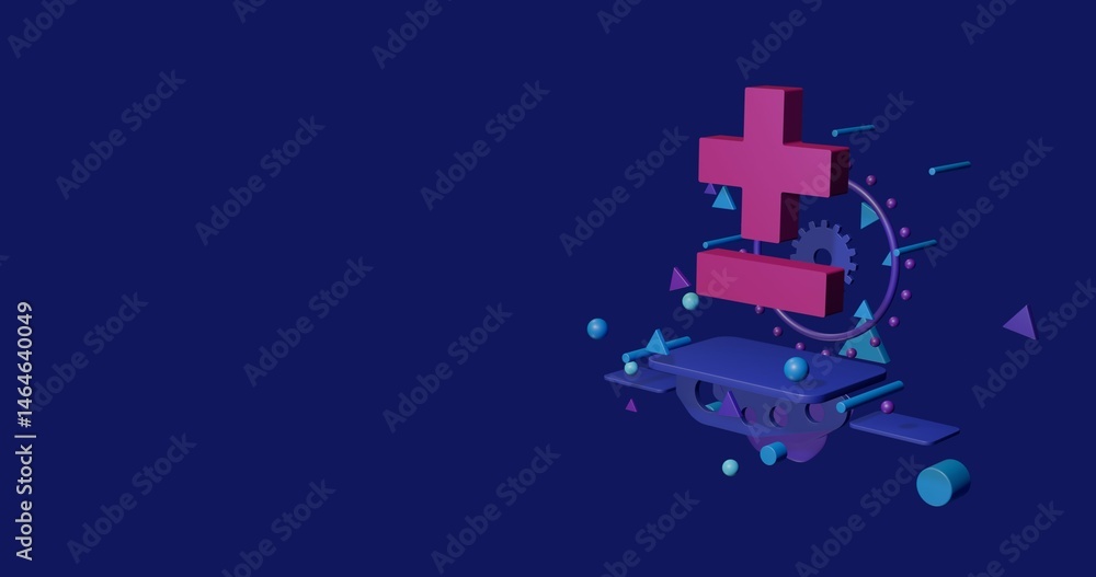 Poster pink plus–minus sign on a pedestal of abstract geometric shapes floating in the air. abstract concep