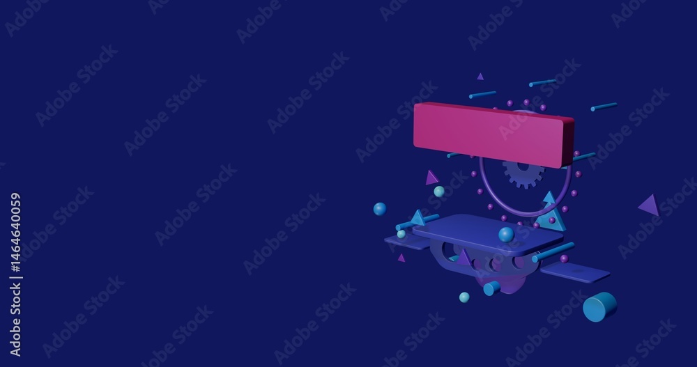 Poster pink minus symbol on a pedestal of abstract geometric shapes floating in the air. abstract concept a