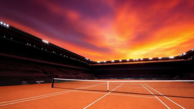Vibrant orange clay tennis court bathed in golden sunset light, showcasing dramatic fiery sky over empty Roland Garros stadium with serene atmosphere