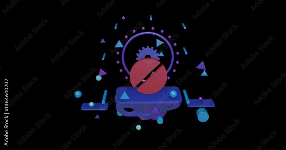 Poster red pill symbol on a pedestal of abstract geometric shapes floating in the air. abstract concept art