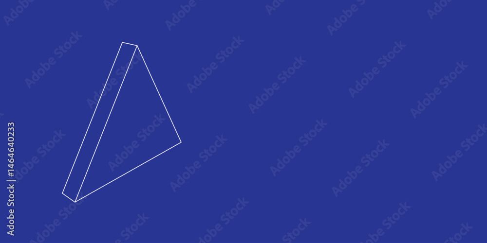 Poster the outline of a large triangle symbol made of white lines on the left. 3d view of the object in per