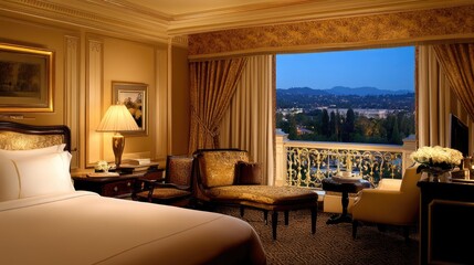 Luxury hotel suite with private balcony, cozy seating area, and gold-accented dcor elements