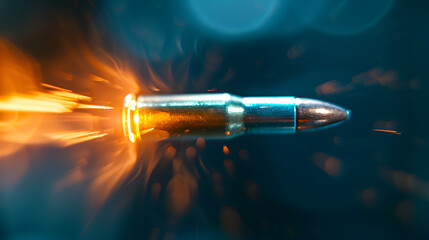 A bullet in flight against a large background on a dark background