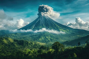 Fototapeta premium Volcanic eruption over lush landscape (1)