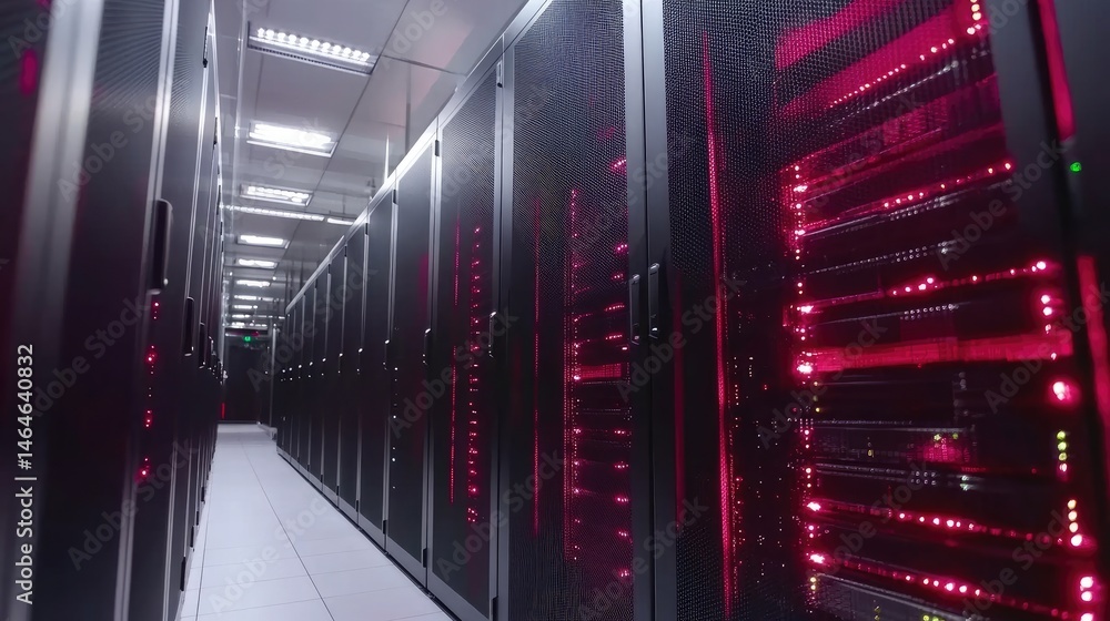 Poster modern data center with rows of illuminated server racks representing robust it infrastructure