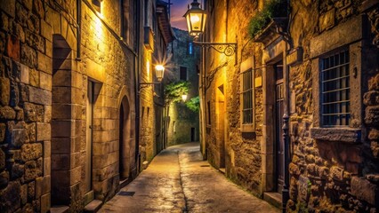 Fototapeta premium Narrow alley with dimly lit street lamps and old stone walls at night surrounded by tall buildings , narrow alley, dim illumination