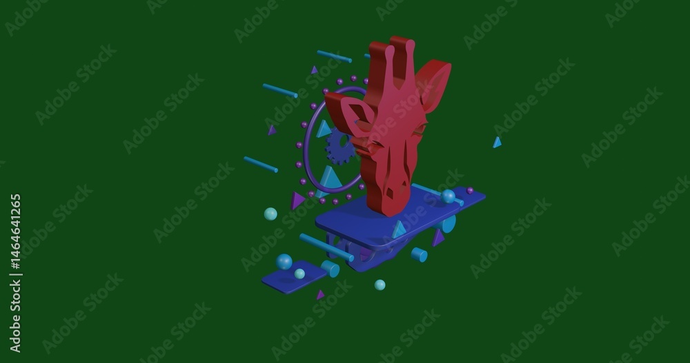 Poster red giraffe head symbol on a pedestal of abstract geometric shapes floating in the air. abstract con
