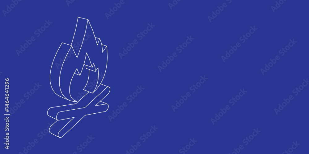 Poster the outline of a large bonfire symbol made of white lines on the left. 3d view of the object in pers