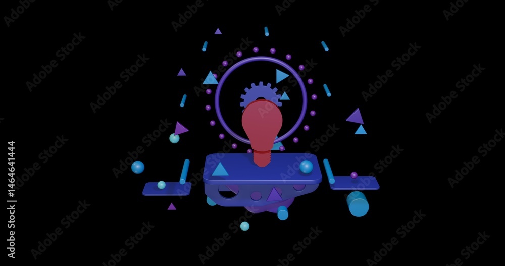 Poster red lamp symbol on a pedestal of abstract geometric shapes floating in the air. abstract concept art