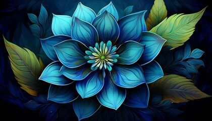 blue flower with a green leaf the flower is in the center of the image