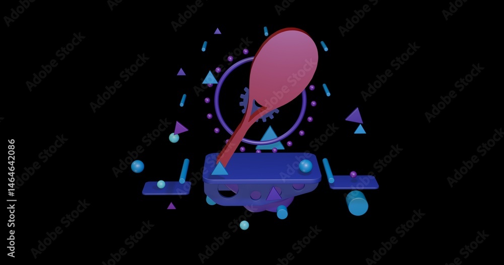 Poster red tennis racket symbol on a pedestal of abstract geometric shapes floating in the air. abstract co