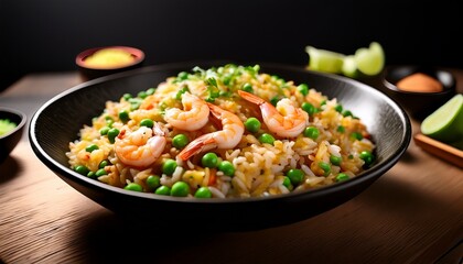 a delicious and appetizing bowl of shrimp fried rice is perfectly prepared with peas and is ready to be served