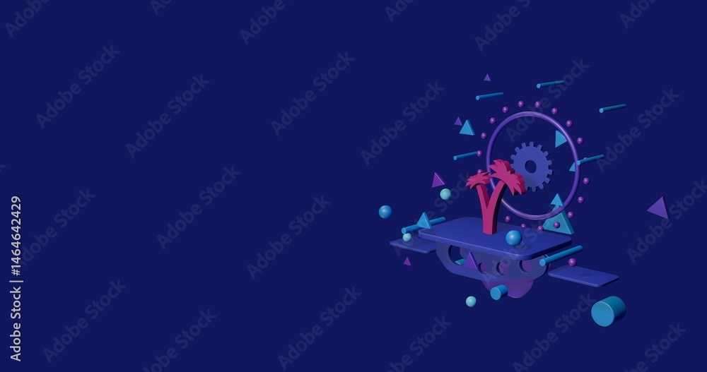 Poster pink palm trees symbol on a pedestal of abstract geometric shapes floating in the air. abstract conc