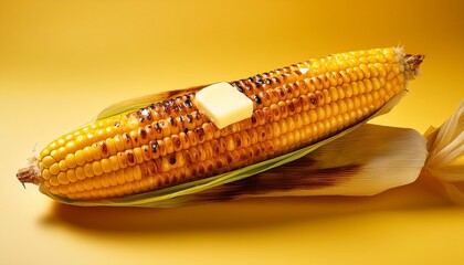 juicy grilled corn on the cob with butter melting isolated on a warm yellow background