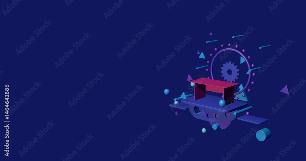 Poster pink table on a pedestal of abstract geometric shapes floating in the air. abstract concept art with