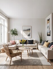 Nordic living room interior with bright colors and plenty of natural light