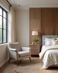 A bedroom with a modern armchair and a natural rug next to the bed adds warmth. Modern bedroom interior