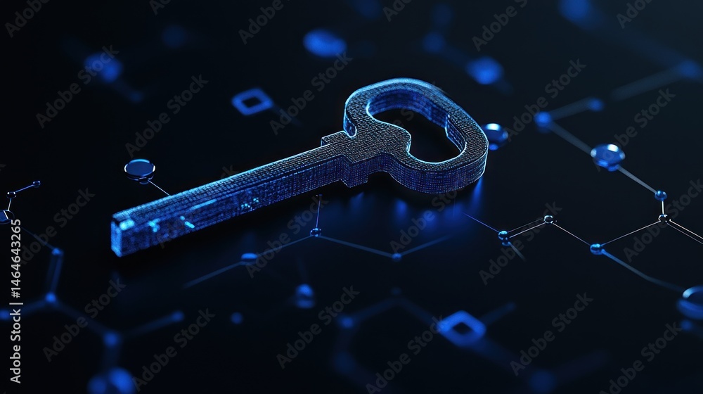 Poster digital key network abstract 3 d render of a glowing blue key on a dark background