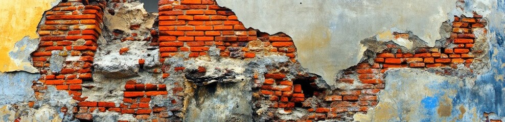 Decayed brick wall, showing deterioration and damage
