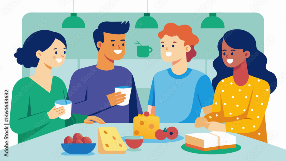 Poster a group of friends gather in the kitchen snacking on a spread of crackers cheese and gs as they quiz