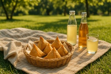Enjoying delicious samosas and refreshing drinks on a sunny day in the park