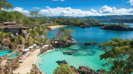 Naklejka premium Poolside view of island resort with clear turquoise water and white sandy paths