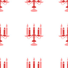 Seamless pattern of large isolated red candlestick with candles symbols. The elements are evenly spaced. Illustration on light red background