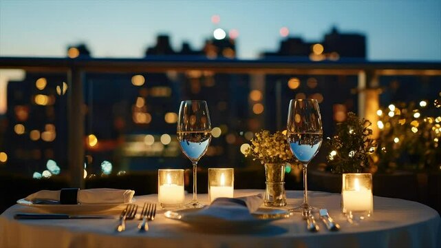 Romantic rooftop dinner setting at twilight.  City lights in the background