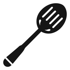 Simple black slotted spoon stands isolated on a white, minimalist background