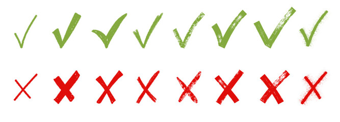 Brush, marker drawn green check mark and red cross icon set Collection of hand drawn doodle tick symbol, chalk checkmark illustration