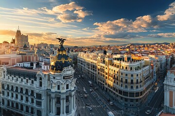 Panoramic cityscape at sunset.  Urban architecture
