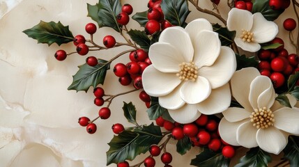 Festive arrangement of sculpted flowers and berries.