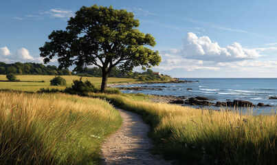 Fototapeta premium Scenic coastal view with a path, tall grass, a tree, and blue sky