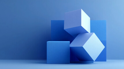 Bright blue geometric cubes stacked on solid blue background, smooth textures, modern design