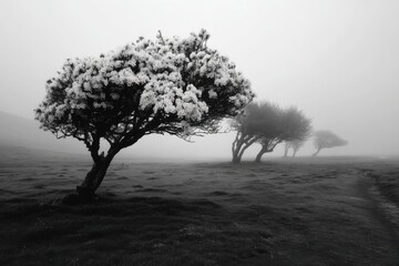 Trees Covered in Flowers Stand in a Foggy Meadow Landscape Creating a Monochrome and Minimalistic Image