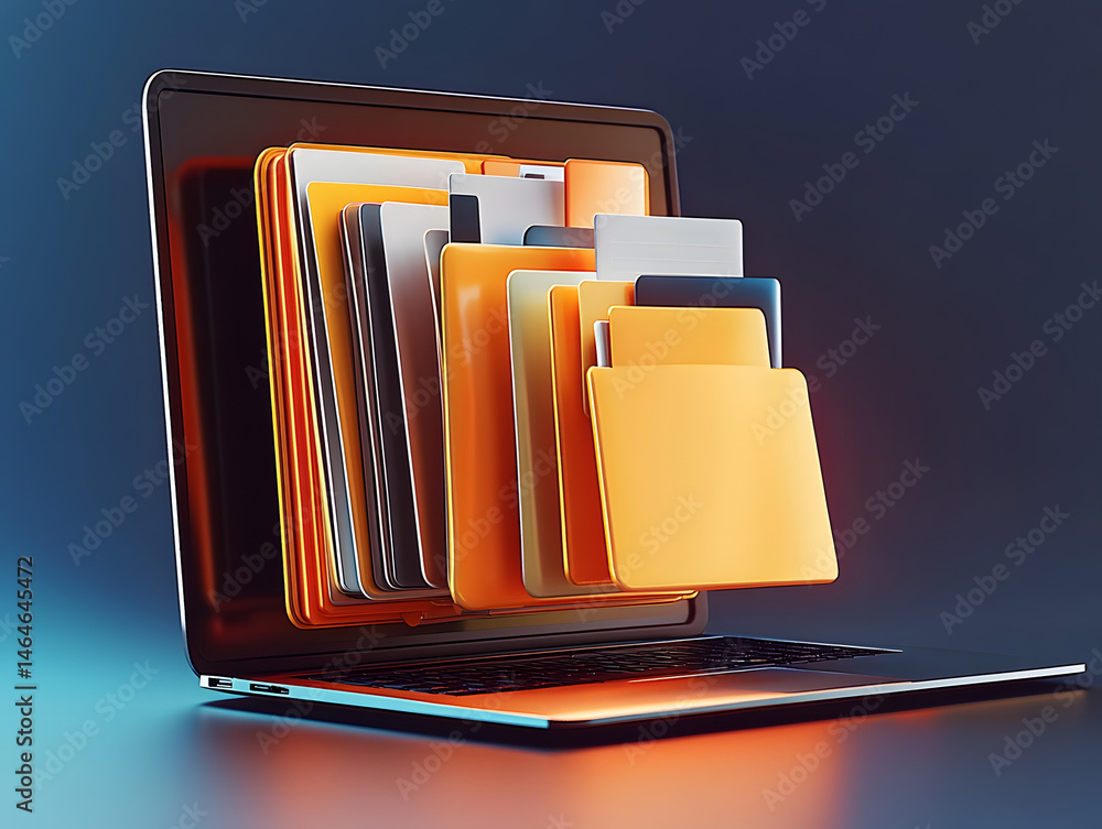 Poster modern data management: folder and documents exiting a laptop