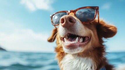 A cheerful dog flaunting stylish sunglasses and a big smile, capturing the essence of carefree fun and joy during a sunny day at the beach by the sea.