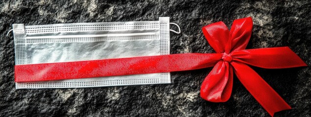 A disposable face mask, nestled in a plastic pouch, is adorned with a vibrant red ribbon bow