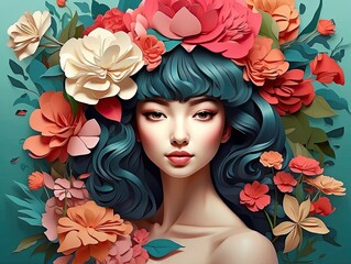 "AI-Generated Image of a Female Profile Silhouette with Flowers and Plants"