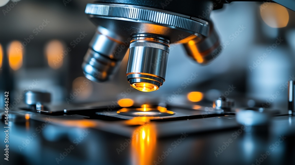 Poster close-up of scientist examining test sample under microscope in laboratory setting for chemical anal