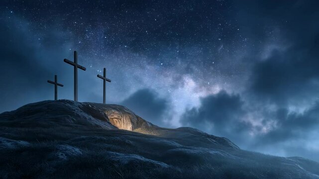 Three crosses on a hill with jesus tomb under a starry sky easter and redemption theme